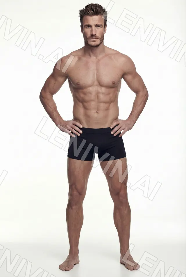 Мускулистый мужчина в чёрных плавках стоит босиком, руки на бёдрах, белый фон