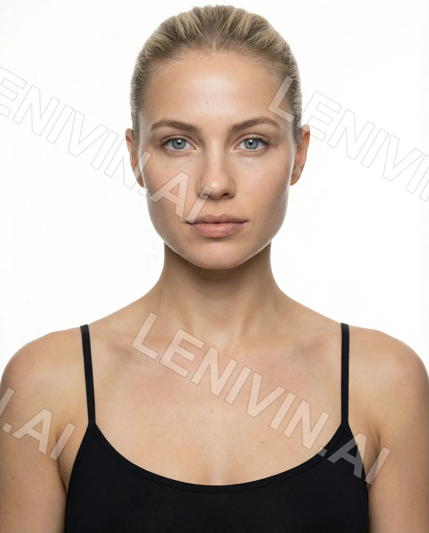 Портрет блондинки без макияжа в чёрной майке на тонких бретелях, белый фон, волосы зачёсаны назад