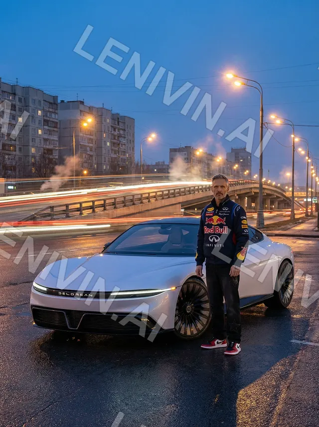 Мужчина стоит у белого авто на вечерней улице, фонари и панельные дома
