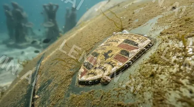 Ролик: подводный крупный план эмблемы Porsche на обросшем водорослями капоте, статуи вдали