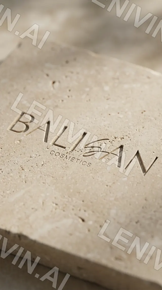 Логотип BALISAN Cosmetics выбит на краю плиты из травертина, диагональный ракурс