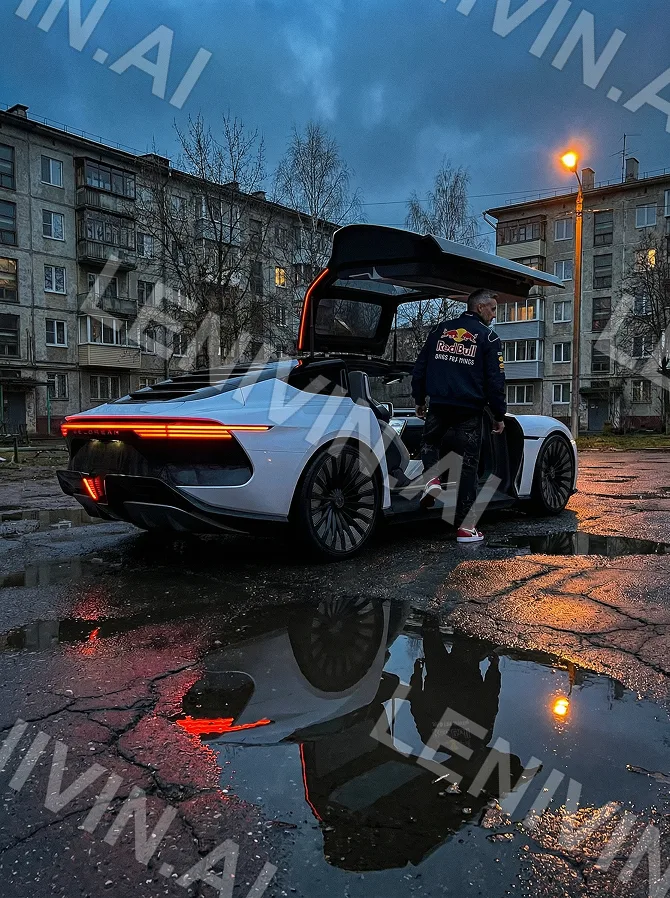 Мужчина у белого авто с открытой задней дверью, двор панельных домов, лужа и отражение