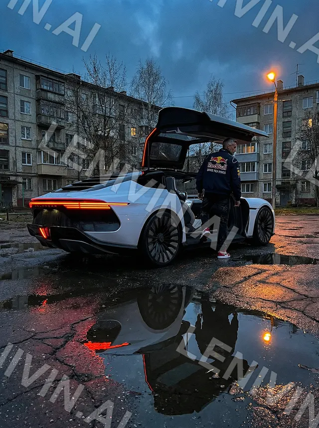 Мужчина у белого авто с открытой задней дверью, двор панельных домов, лужа и отражение