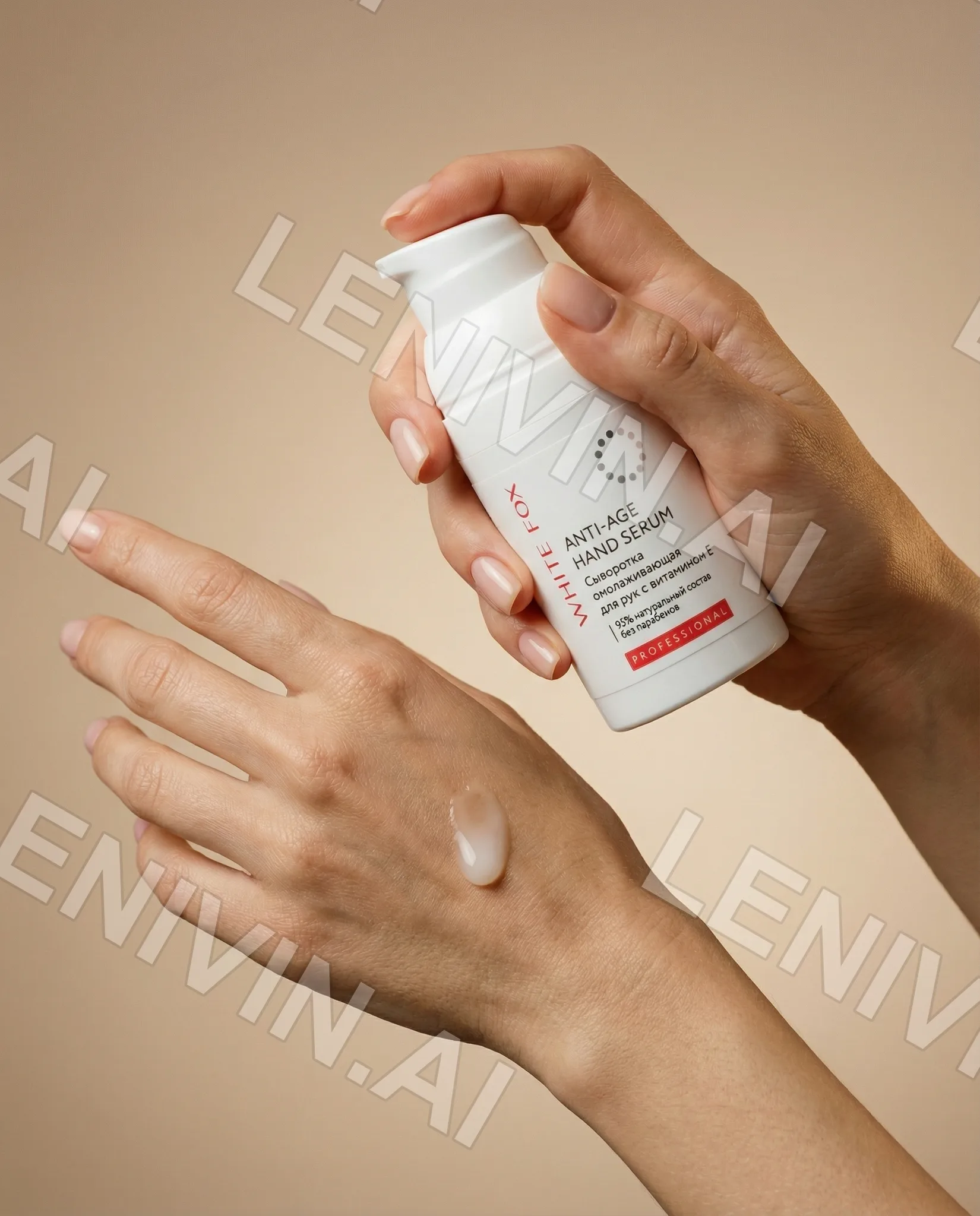 Руки с флаконом Anti-Age Hand Serum, на тыльной стороне ладони капля крема