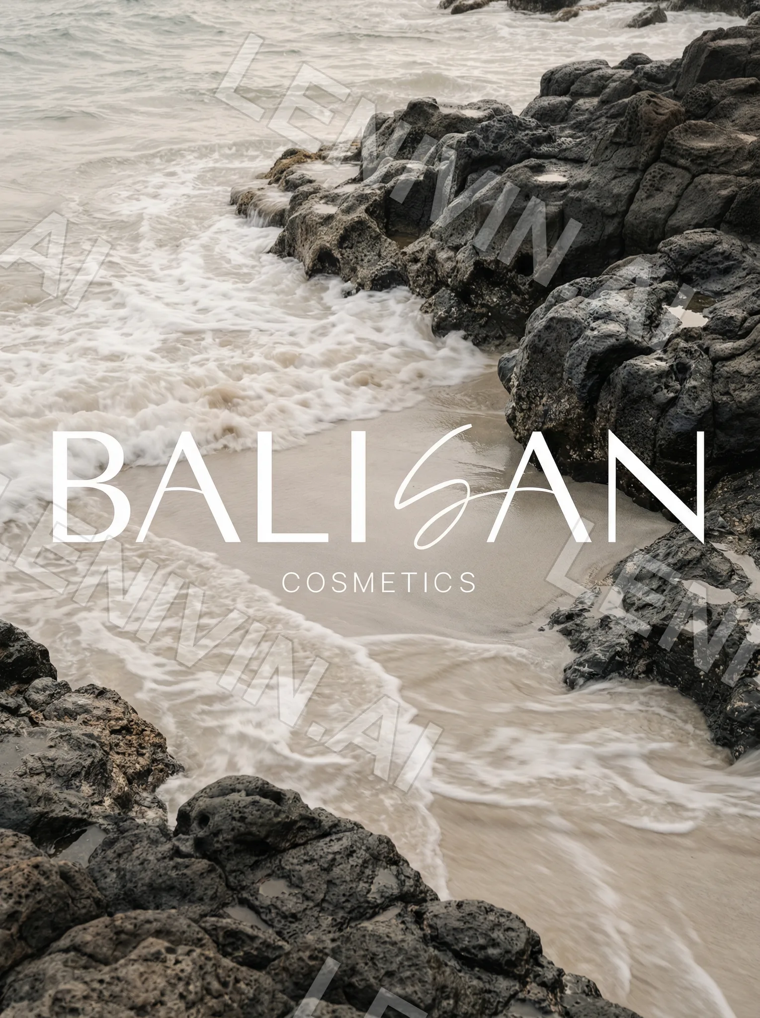 Белая надпись BALISAN Cosmetics на фоне морской пены и чёрных камней