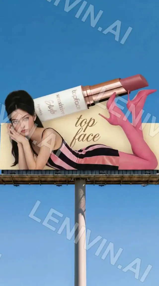Ролик: рекламный билборд topface с девушкой в розовых чулках, лежащей рядом с огромной помадой, синее небо