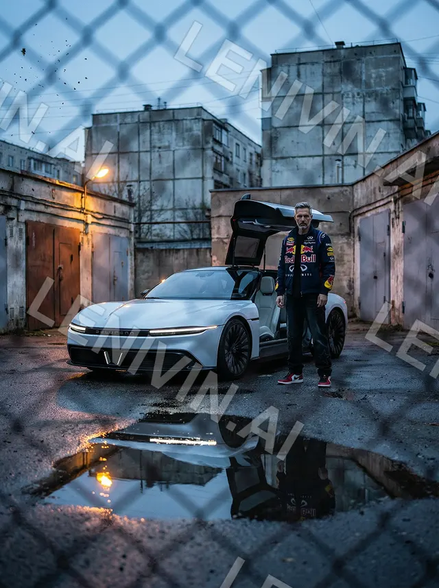 Мужчина в куртке Red Bull у белого авто с поднятой дверью, двор за сеткой-рабицей