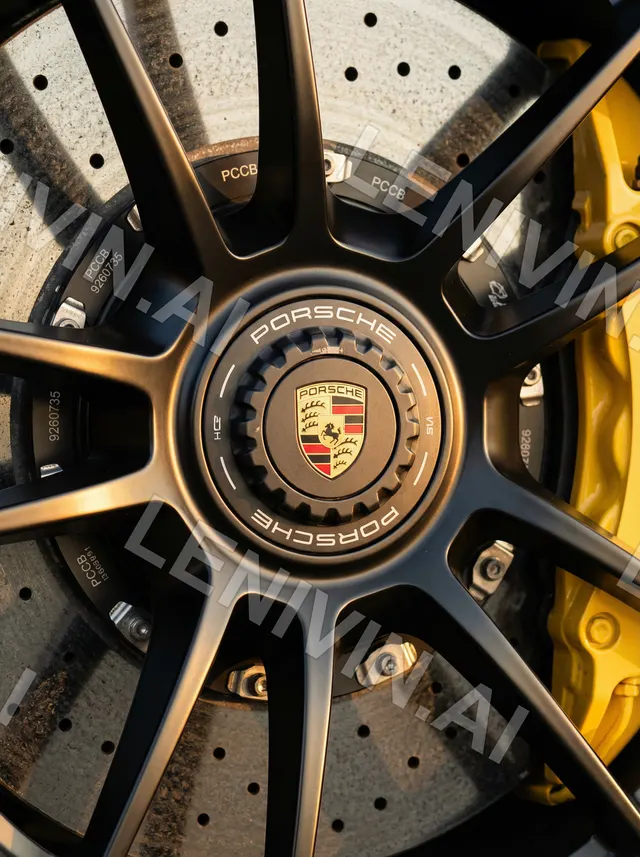 Колесо Porsche с золотистым гербом на ступице, чёрные спицы, жёлтый суппорт