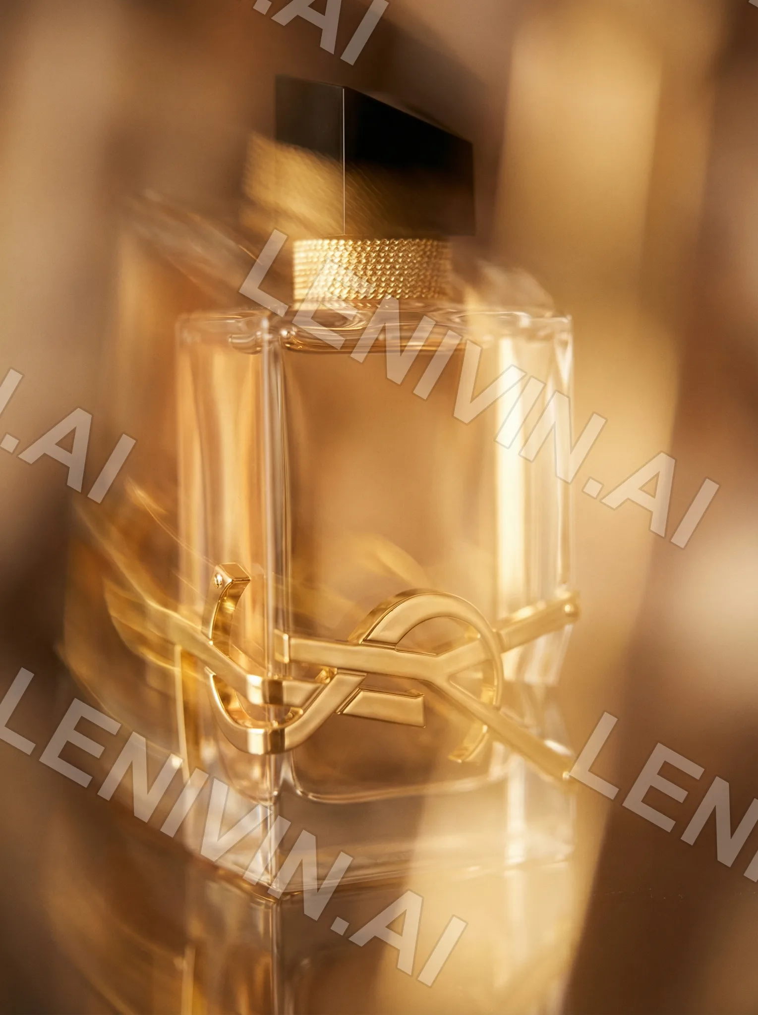 Размытый крупный план флакона духов с золотой монограммой YSL, тёплое янтарное боке