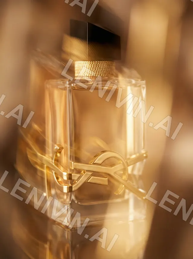 Размытый крупный план флакона духов с золотой монограммой YSL, тёплое янтарное боке