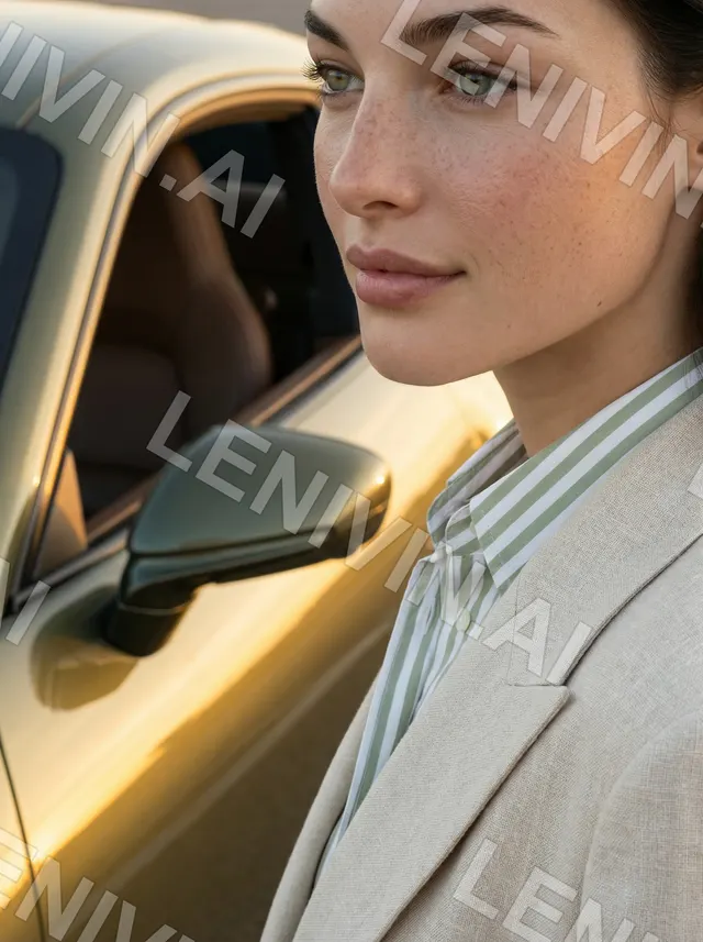 Крупный план лица брюнетки с веснушками у окна оливкового Porsche, в кадре зеркало, полосатая рубашка