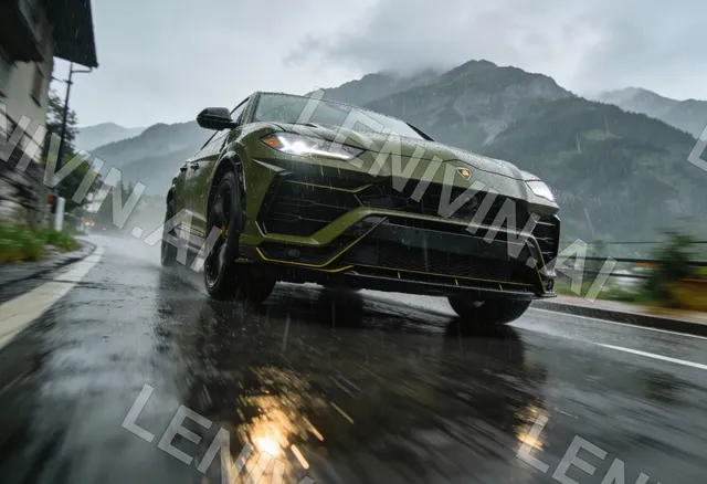 Зелёный Lamborghini Urus проносится по мокрому серпантину в горах, брызги из-под колёс
