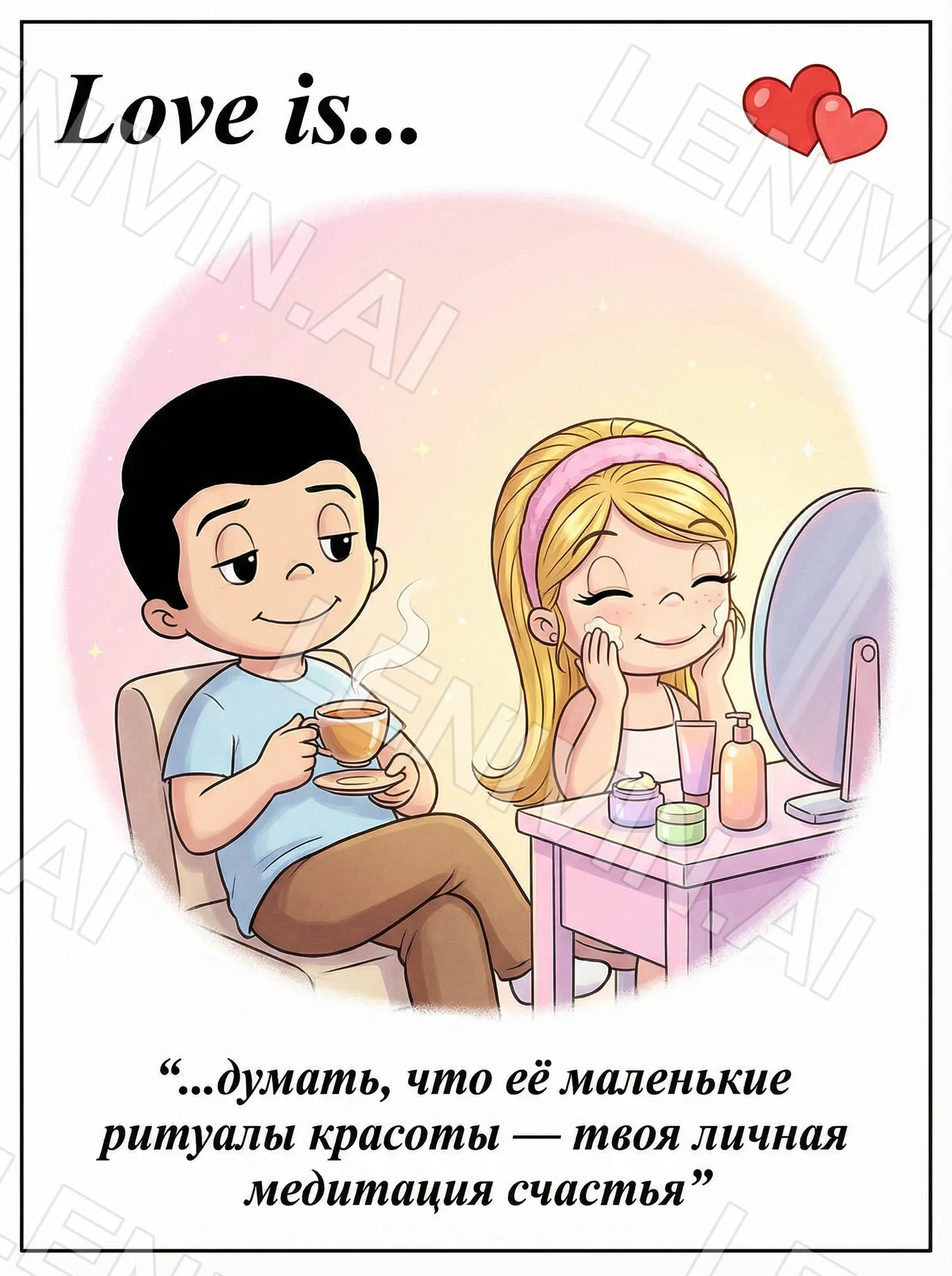Открытка Love is: мальчик с чашкой и девочка с повязкой у зеркала, подпись про ритуалы красоты
