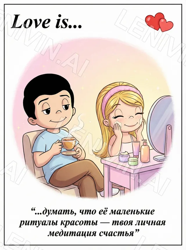 Открытка Love is: мальчик с чашкой и девочка с повязкой у зеркала, подпись про ритуалы красоты