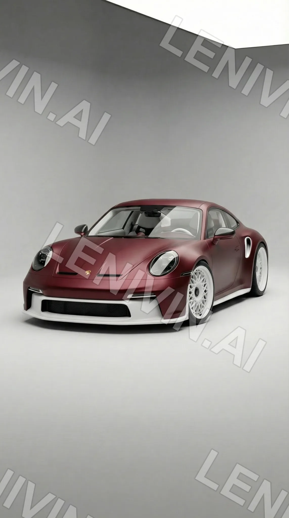 Бордовый спортивный купе Porsche стоит в белой студии с серым градиентным фоном, вид спереди сбоку