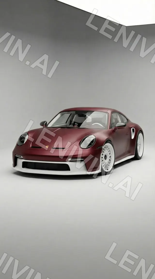 Бордовый спортивный купе Porsche стоит в белой студии с серым градиентным фоном, вид спереди сбоку