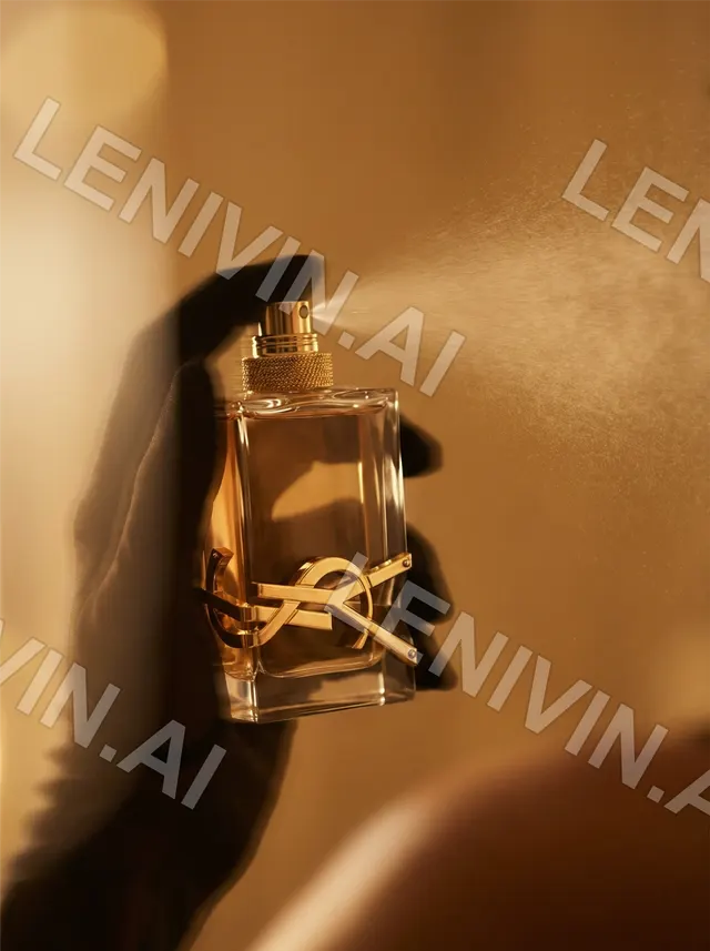 Флакон духов Yves Saint Laurent на золотисто-коричневом фоне с резкой тенью руки