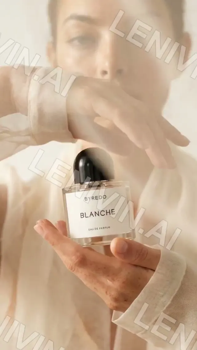 Ролик: рука держит флакон Byredo Blanche, на заднем плане лицо в светлой одежде