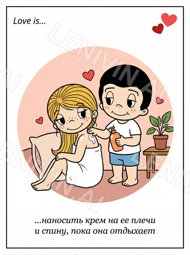 Открытка Love is с рисованной парой: девушка в полотенце и парень наносит ей крем на плечи