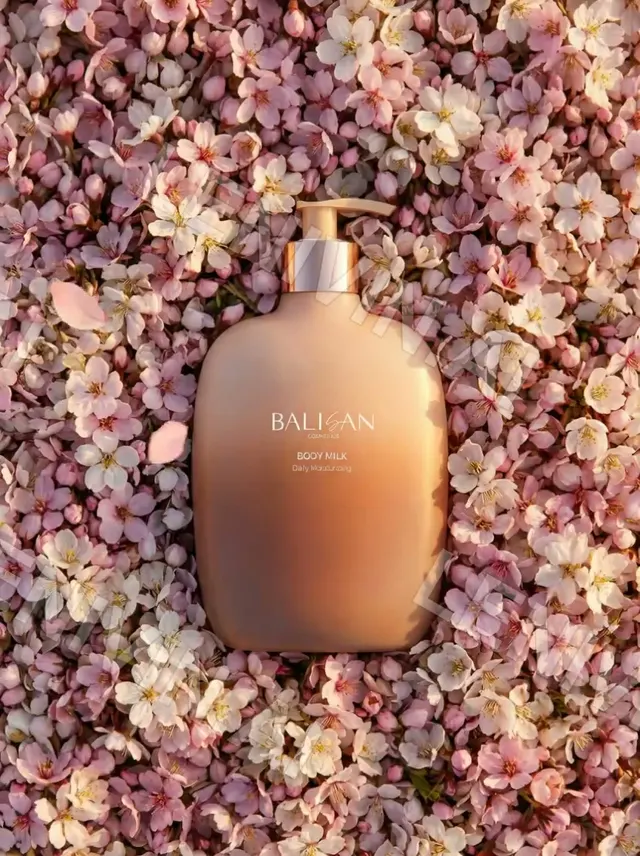 Ролик: флакон Balisan Body Milk среди цветов, вид сверху, лепесток на упаковке