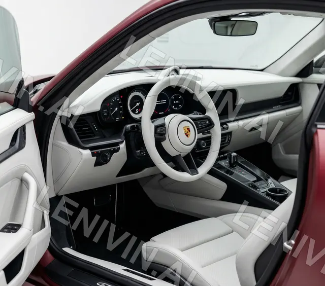 Салон белого спорткара с красным кузовом, руль с гербом Porsche и белая кожа