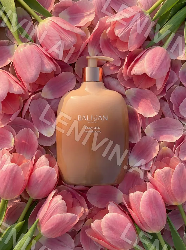 Флакон Balisan Body Milk в розовых тюльпанах, вариант кадра с чуть иным расположением лепестков