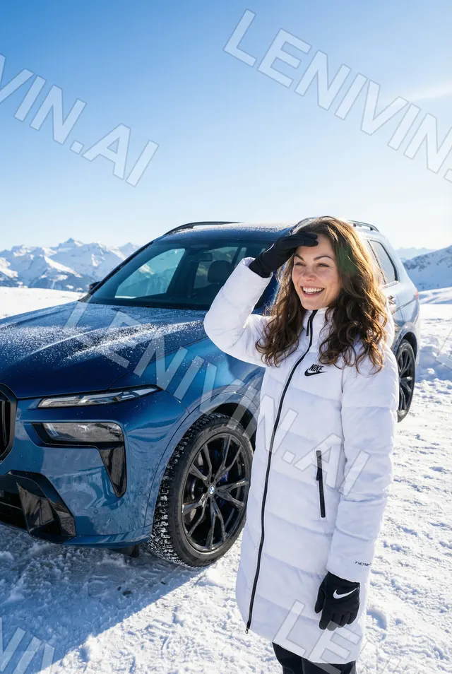 Улыбающаяся девушка в белом пуховике стоит у синего BMW на снежной горе