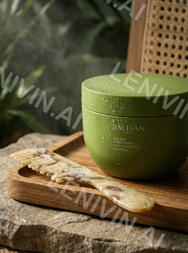 Зелёная банка Balisan Keratin Power Mask на каменной плите с роговым гребнем, лесной фон