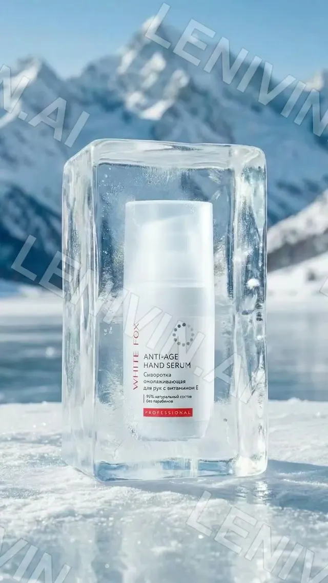 Ролик: флакон сыворотки White Fox Anti-Age Hand Serum во льдине на замёрзшем озере, горы