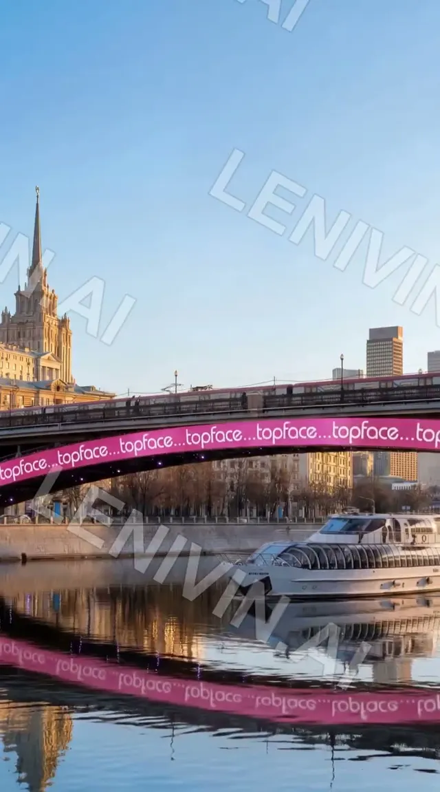 Ролик: розовая подсветка topface на мосту над рекой, речной теплоход и высотка на закате