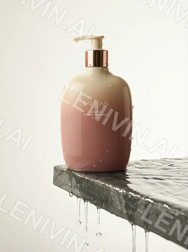 Бутылка шампуня Balisan Keratin на каменной полке с каплями воды, светлый фон