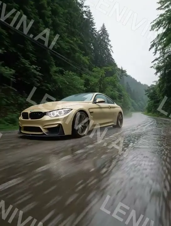 Ролик: песочный BMW на мокрой лесной дороге, горы и ели, размытый фон