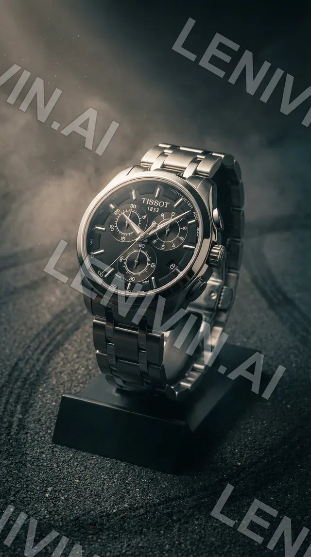 Часы Tissot с чёрным хронографом на чёрном подиуме среди песка, дымка