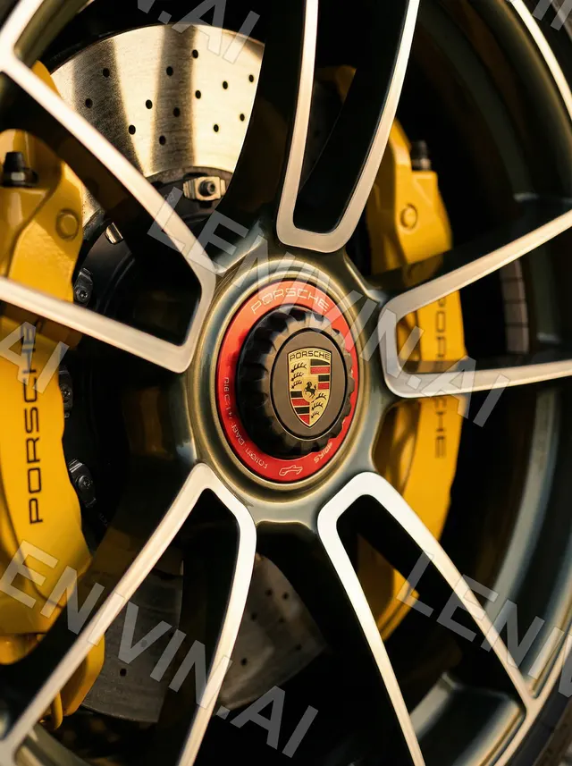 Колесо Porsche с красным кольцом на ступице, жёлтые суппорты и перфорированные тормозные диски