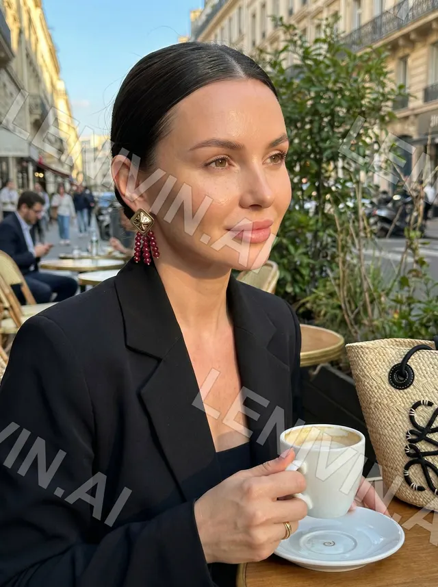 Женщина в чёрном жакете с чашкой кофе в кафе, рядом соломенная сумка Loewe