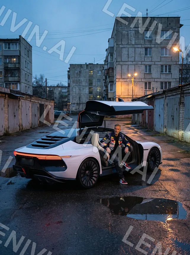 Мужчина сидит в белом авто с поднятой дверью между гаражами, мокрый двор, сумерки