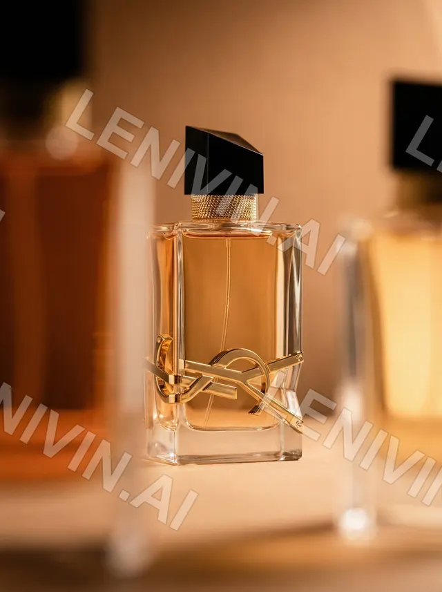 Флакон духов с золотой монограммой YSL и чёрной крышкой на тёплом бежевом фоне с размытыми флаконами