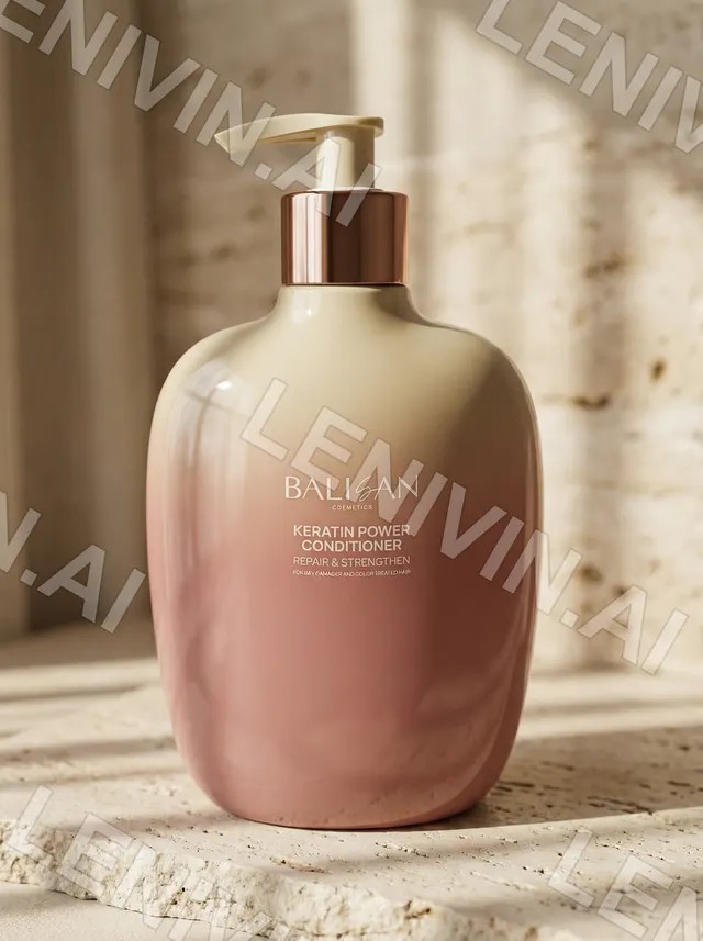 Розовый флакон BALISAN Keratin Power Conditioner на каменной полке, тёплый свет