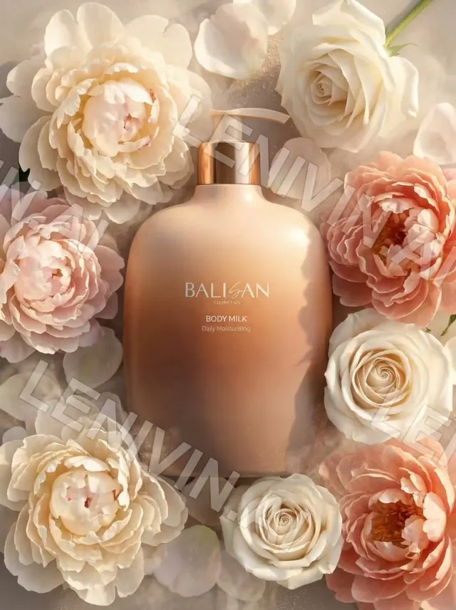 Ролик: флакон Balisan Body Milk среди пионов и роз, вид сверху, кремовые тона