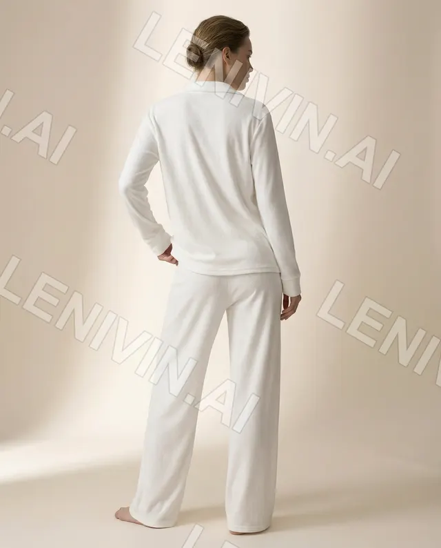 Девушка со спины в белой пижаме с собранными волосами, бежевый фон с мягкими тенями