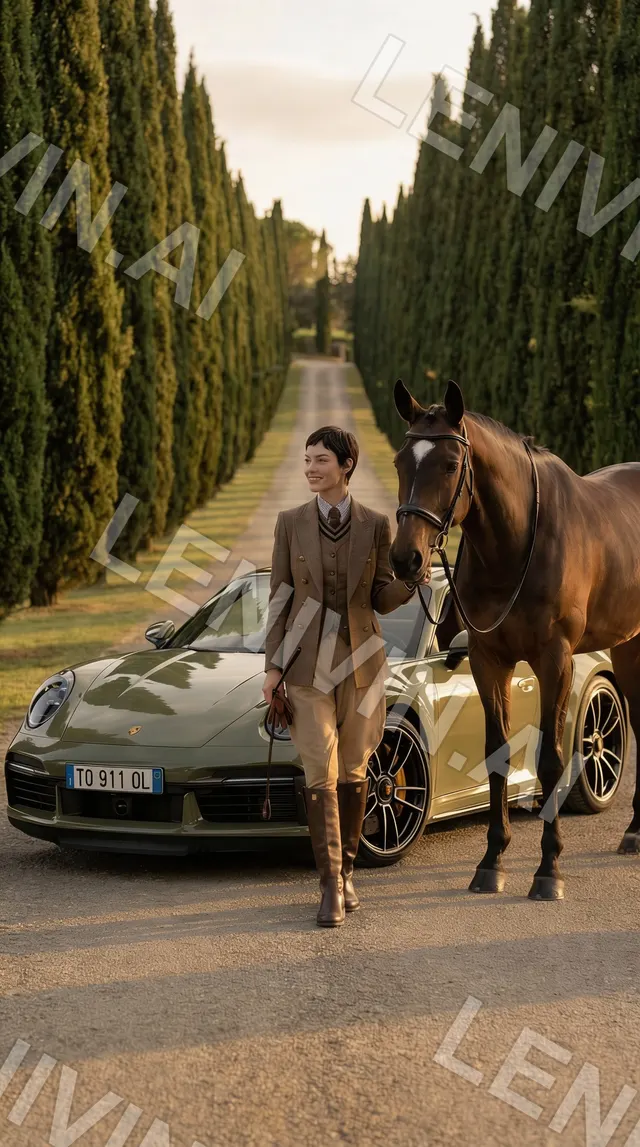 Женщина в твидовом костюме с лошадью и зелёным Porsche на аллее кипарисов