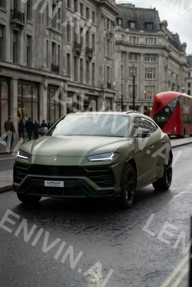 Ролик: оливковый Lamborghini Urus едет по мокрой лондонской улице, красный двухэтажный автобус позади