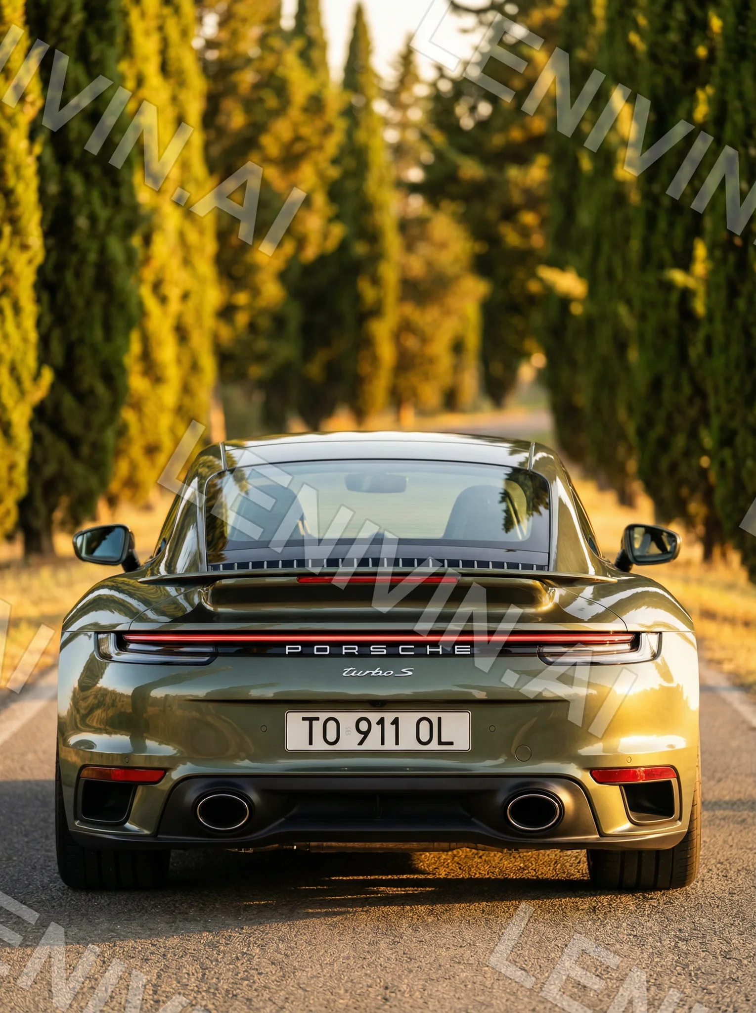Оливковый Porsche 911 Turbo S сзади на дороге между золотистыми кипарисами, номер TO 911 OL