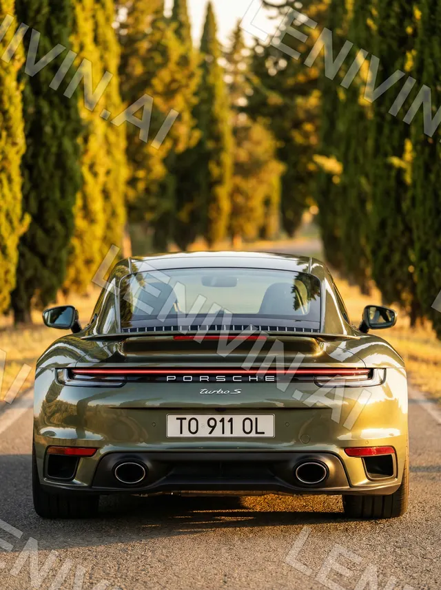 Оливковый Porsche 911 Turbo S сзади на дороге между золотистыми кипарисами, номер TO 911 OL