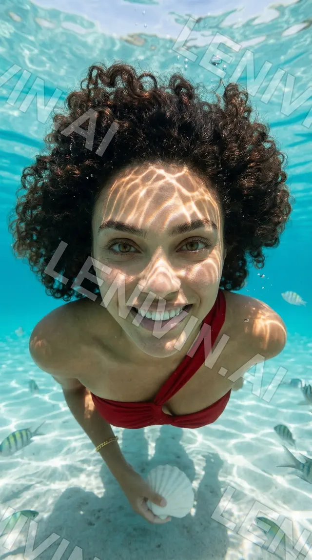 Улыбающаяся кудрявая девушка в красном купальнике под водой с ракушкой в руке