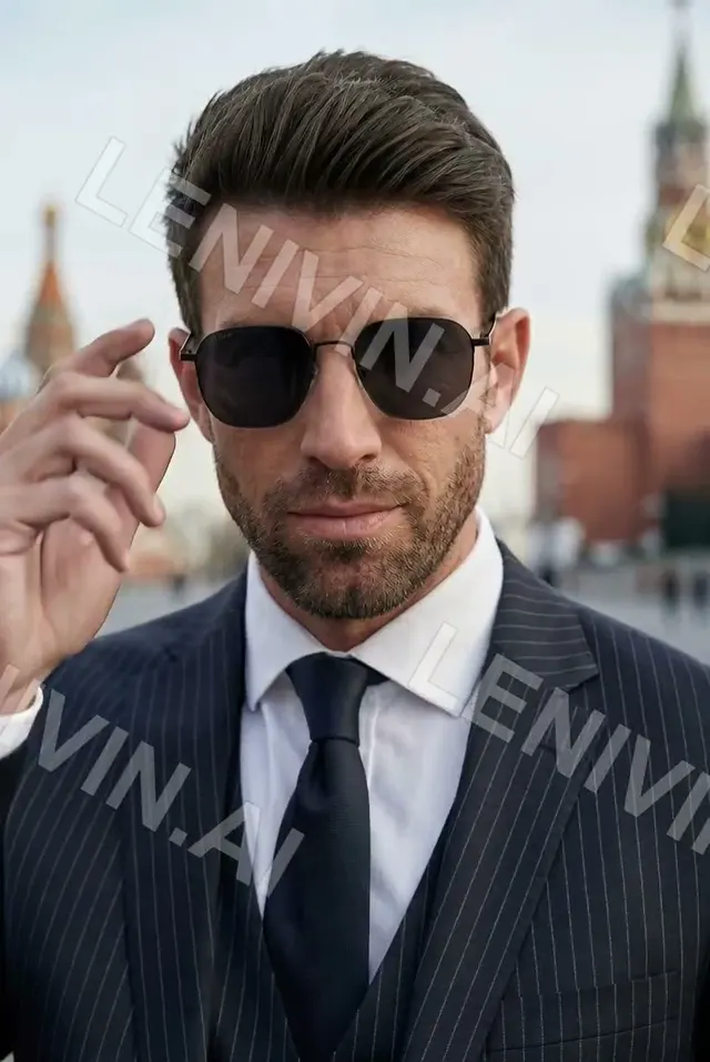 Ролик: мужчина с бородой в тёмных очках и костюме в полоску, на фоне Кремля, держит дужку очков