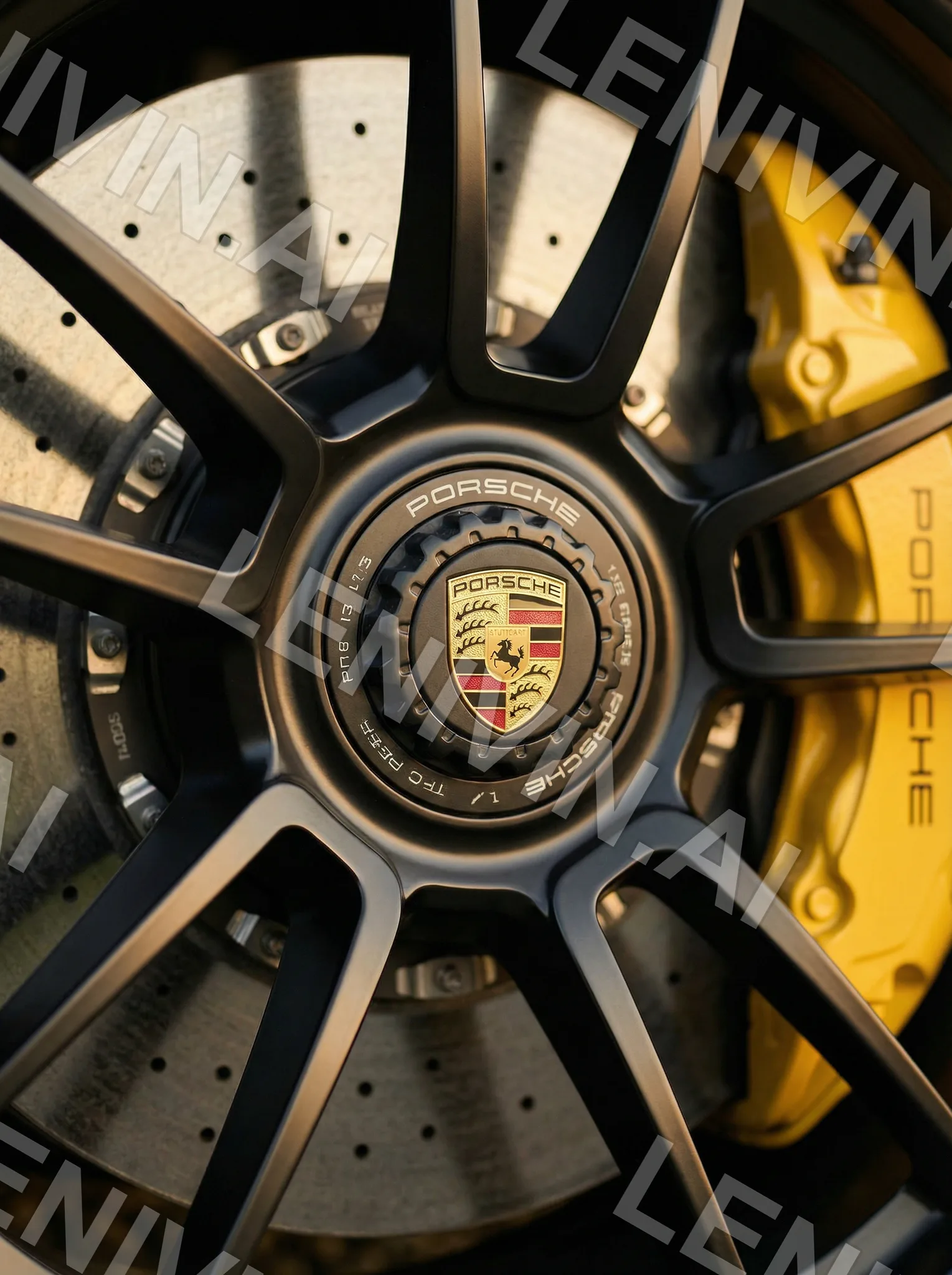 Крупный план колеса с логотипом Porsche на ступице, жёлтый тормозной суппорт и чёрные спицы