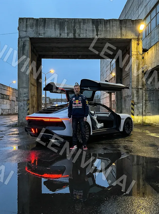 Мужчина в куртке Red Bull у белого авто в бетонной арке, красное отражение на асфальте
