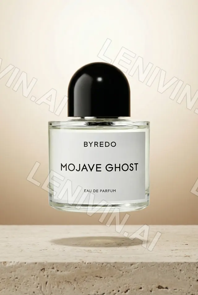 Флакон Byredo Mojave Ghost парит над каменной плитой, золотистый фон