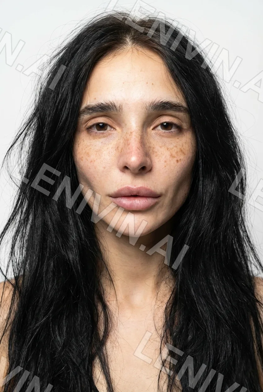 Брюнетка с длинными распущенными волосами и веснушками, без макияжа, белый фон